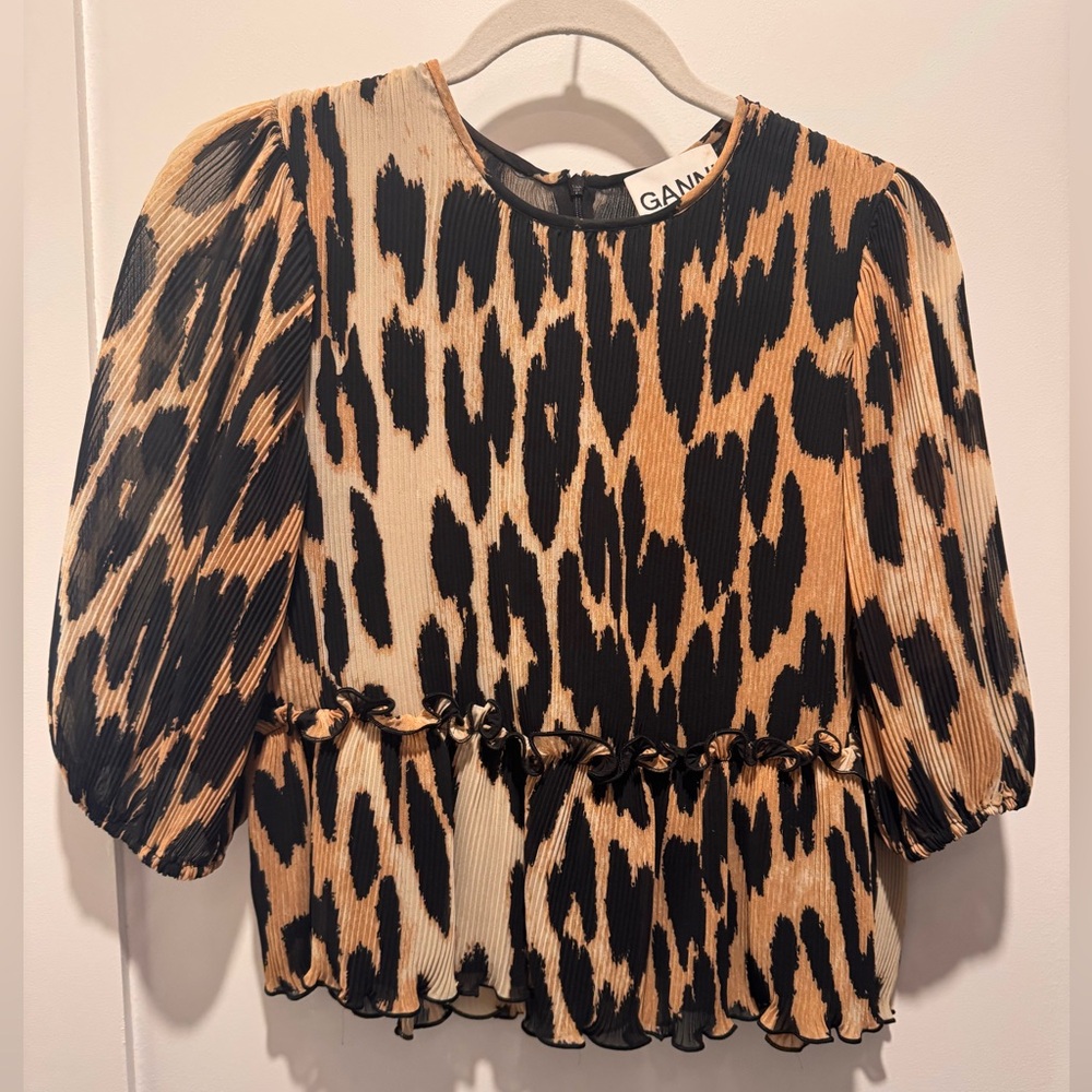 Ganni Black and Tan Leopard Print Blouse